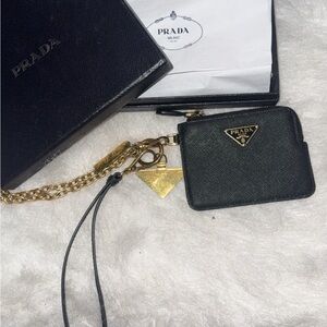 Prada Black Saffiano Leather Zip Card Case with Gold Chain